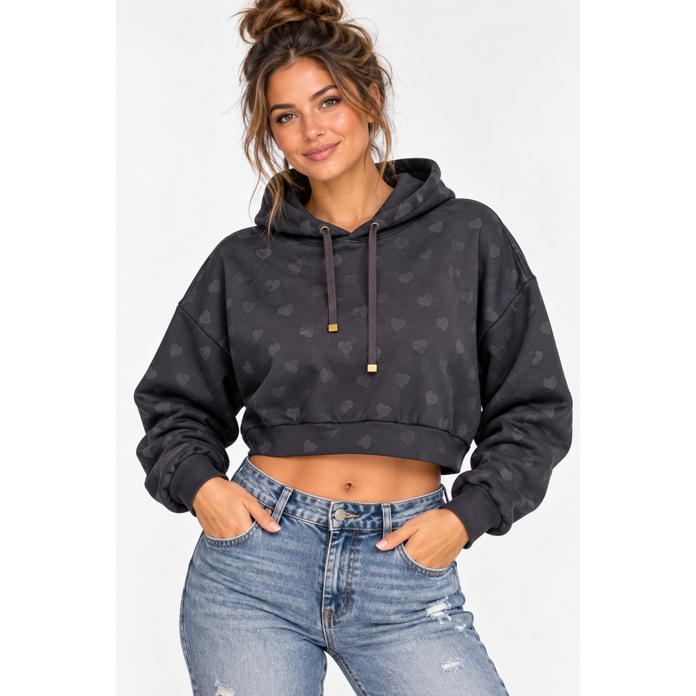 Kate Spade New York Black Embossed Heart Cropped Hoodie Oversized XL